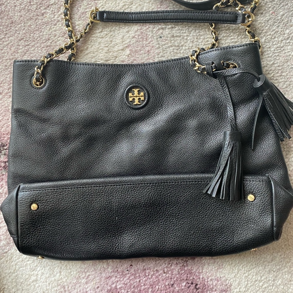 Tory Burch Black Pebbled Leather Shoulder Tote with Gold Hardware and Tassel
